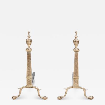 Pair of Adam Style Etched Brass Andirons