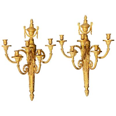 Pair of Adams Style Five Arm Tassel Decorated Dore Bronze Wall Candelabras