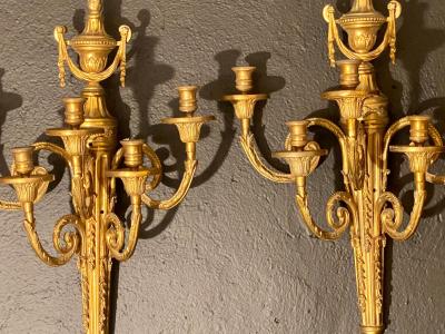 Pair of Adams Style Five Arm Tassel Decorated Dore Bronze Wall Candelabras
