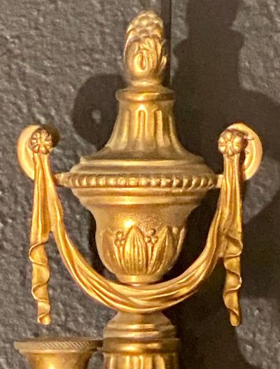 Pair of Adams Style Five Arm Tassel Decorated Dore Bronze Wall Candelabras