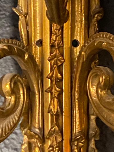 Pair of Adams Style Five Arm Tassel Decorated Dore Bronze Wall Candelabras