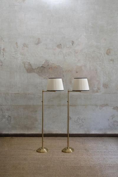 Pair of Adjustable Brass Floor Lamps with Fabric Lampshade 1970s