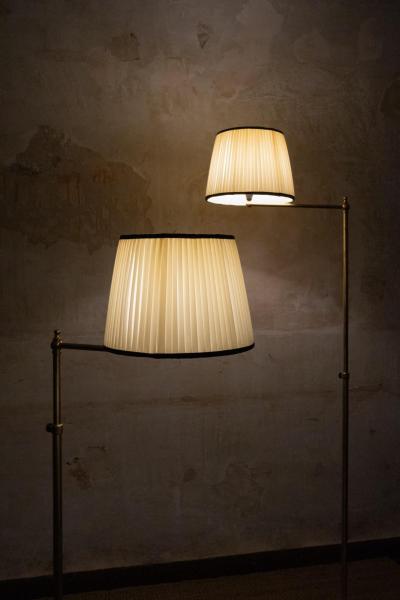 Pair of Adjustable Brass Floor Lamps with Fabric Lampshade 1970s