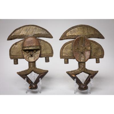 Pair of African Gabon Late 20th Century Hand Carved Wood Copper Kota Mahongwe