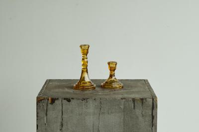 Pair of Amber Colored Art Deco Candle Holders in Pressed Glass 1930s