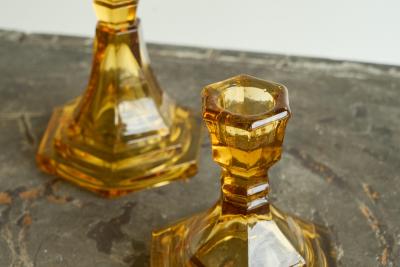 Pair of Amber Colored Art Deco Candle Holders in Pressed Glass 1930s