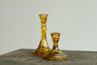 Pair of Amber Colored Art Deco Candle Holders in Pressed Glass 1930s
