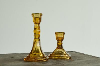 Pair of Amber Colored Art Deco Candle Holders in Pressed Glass 1930s