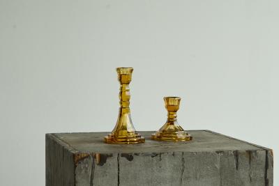 Pair of Amber Colored Art Deco Candle Holders in Pressed Glass 1930s