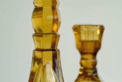 Pair of Amber Colored Art Deco Candle Holders in Pressed Glass 1930s