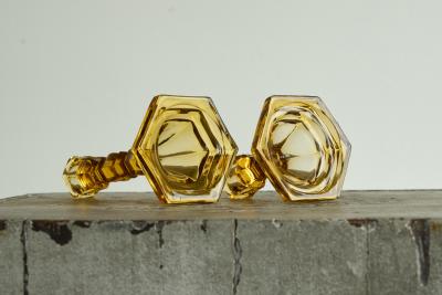 Pair of Amber Colored Art Deco Candle Holders in Pressed Glass 1930s