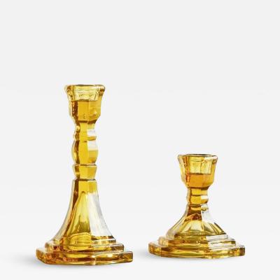 Pair of Amber Colored Art Deco Candle Holders in Pressed Glass 1930s