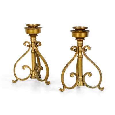 Pair of American Art Deco Bronze Scroll Design Candlesticks