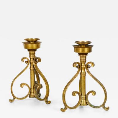 Pair of American Art Deco Bronze Scroll Design Candlesticks