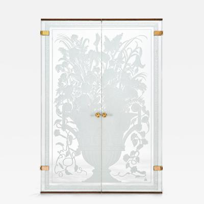 Pair of American Art Deco Revival Etched Frosted Glass Doors by Dennis Abbe