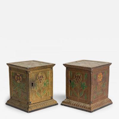 Pair of American Country Antique Cast Metal Floral Design Rectangular Coin Banks