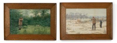Pair of American Country Hunter Watercolor Lithographs