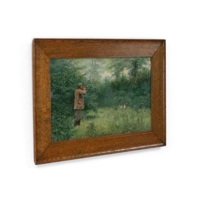 Pair of American Country Hunter Watercolor Lithographs