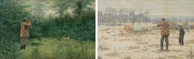 Pair of American Country Hunter Watercolor Lithographs