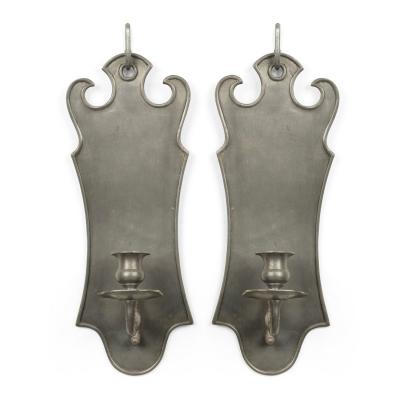 Pair of American Country Pewter Pediment Top Wall Sconces
