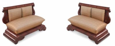 Pair of American Empire Crotch Mahogany Veneer Upholstered Window Seats