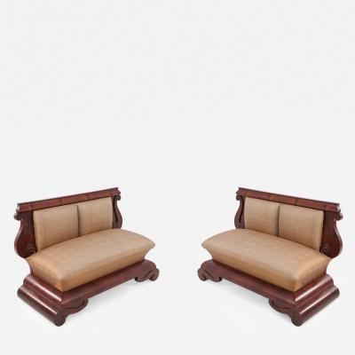 Pair of American Empire Crotch Mahogany Veneer Upholstered Window Seats