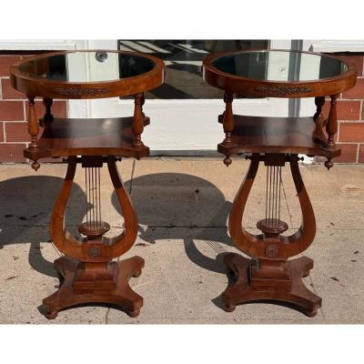 Pair of American Empire Mahogany Rectangular Lyre Base Pedestal Side Tables