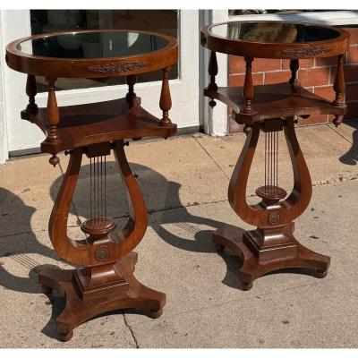Pair of American Empire Mahogany Rectangular Lyre Base Pedestal Side Tables