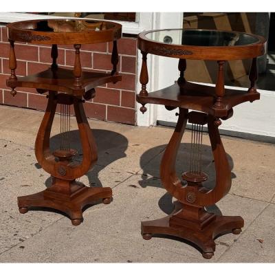 Pair of American Empire Mahogany Rectangular Lyre Base Pedestal Side Tables