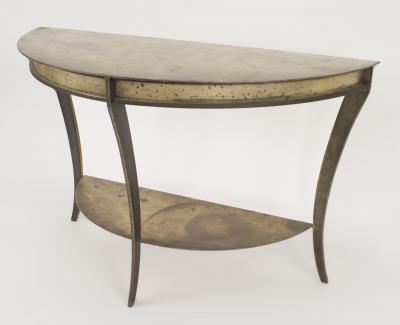 Pair of American Mid Century Brass and Steel D Shaped Demilune Console Tables