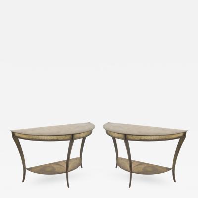 Pair of American Mid Century Brass and Steel D Shaped Demilune Console Tables