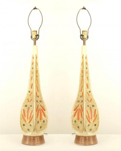 Pair of American Mid Century Ceramic 6 Sided Textured Table Lamps
