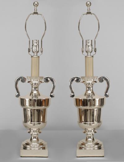 Pair of American Mid Century Modern Silver Plate Urn Form Lamps