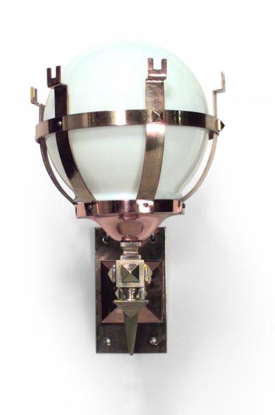 Pair of American Mission Bronze Copper and White Glass Wall Sconces