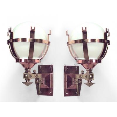 Pair of American Mission Bronze Copper and White Glass Wall Sconces