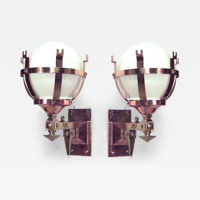 Pair of American Mission Bronze Copper and White Glass Wall Sconces