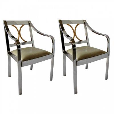 Pair of American Modern Armchairs in Polished Steel and Brass Karl Springer