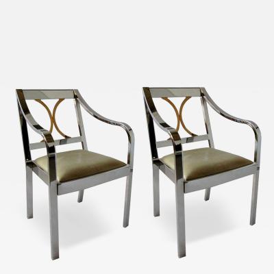 Pair of American Modern Armchairs in Polished Steel and Brass Karl Springer