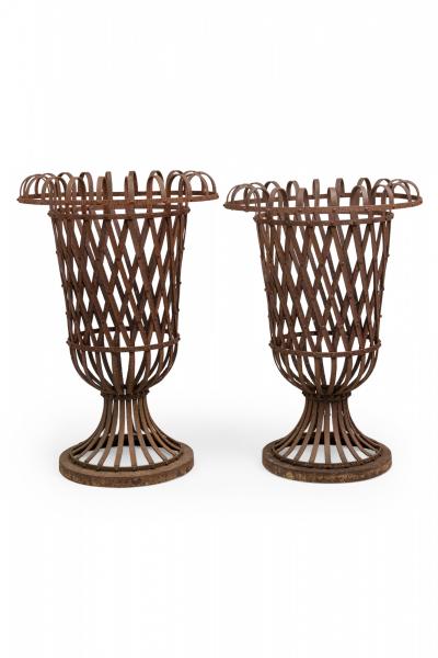 Pair of American Victorian Outdoor Wrought Iron Woven Garden Urns