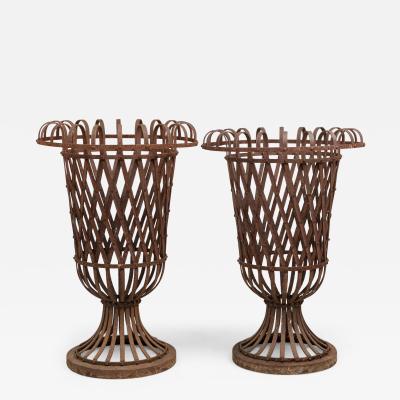 Pair of American Victorian Outdoor Wrought Iron Woven Garden Urns