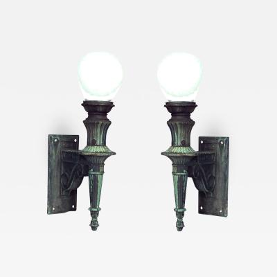 Pair of American Victorian Patinated Bronze Outdoor Sconces
