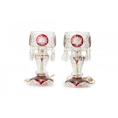 Pair of American Victorian Style Red and Clear Cut Crystal and Glass Table Lamps
