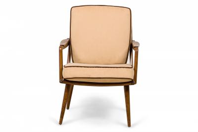 Pair of American Walnut and Beige Fabric Upholstered Petite Lounge Armchairs