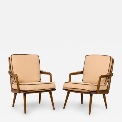Pair of American Walnut and Beige Fabric Upholstered Petite Lounge Armchairs
