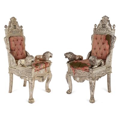 Pair of Anglo Indian Silver Clad Ceremonial Throne Chairs