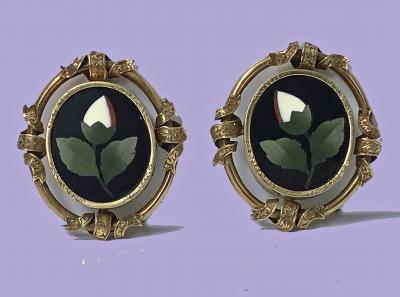 Pair of Antique 14K Pietra Dura Earrings C 1875