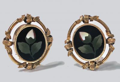 Pair of Antique 14K Pietra Dura Earrings C 1875