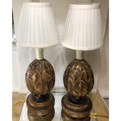 Pair of Antique 18th C Gilt Wood Finials Now Petit Designer Lamps