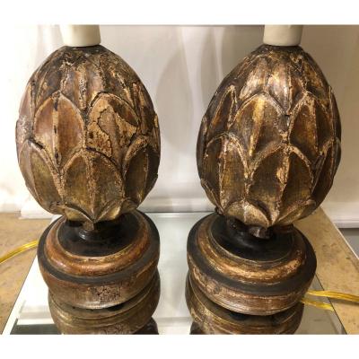 Pair of Antique 18th C Gilt Wood Finials Now Petit Designer Lamps