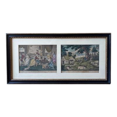 Pair of Antique 18th C Prodigal Son Returns Engraving Prints Framed